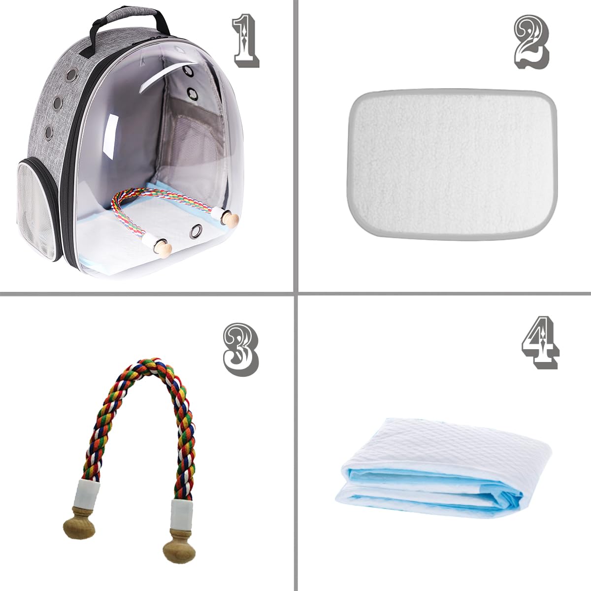 Mochila transportadora de aves Interfashioner®, mochila transportadora de pájaros de burbujas con almohadilla absorbente y percha de pie (Gris Pluma)