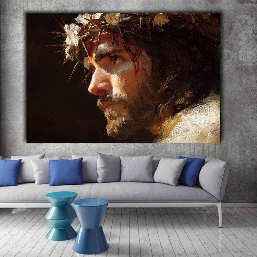 ZAMAEIU Jesus płótno sztuka ścienna nowoczesna korona cierniowa kwiat chrześcijański plakat obraz inspirujący religijny wystrój do salonu, kościoła lub pokoju modlitwy (beżowy) - 30 x 50 cm oprawiony