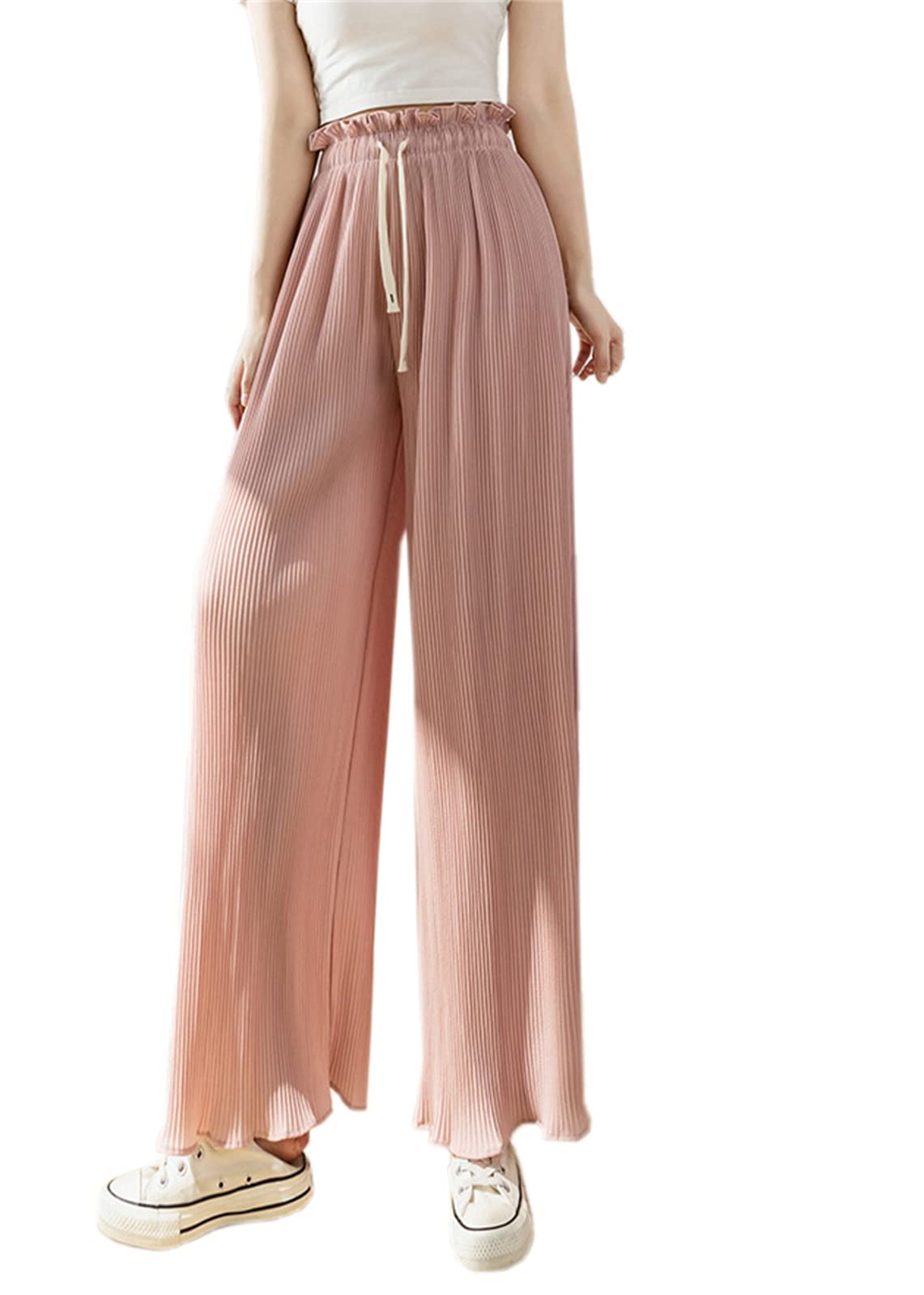 SANGTREE Womens Pleated Chiffon Wide Leg Pants