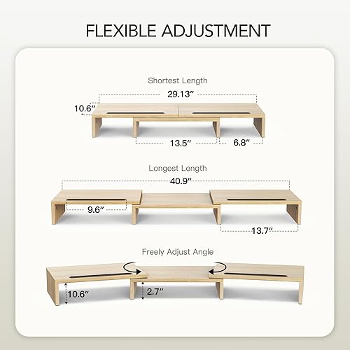 Miniatura 6 de AMERIERGO Soporte para monitor dual longitud y ángulo ajustables, soporte para monitor de computadora con 2 ranuras, organizador de escritorio,