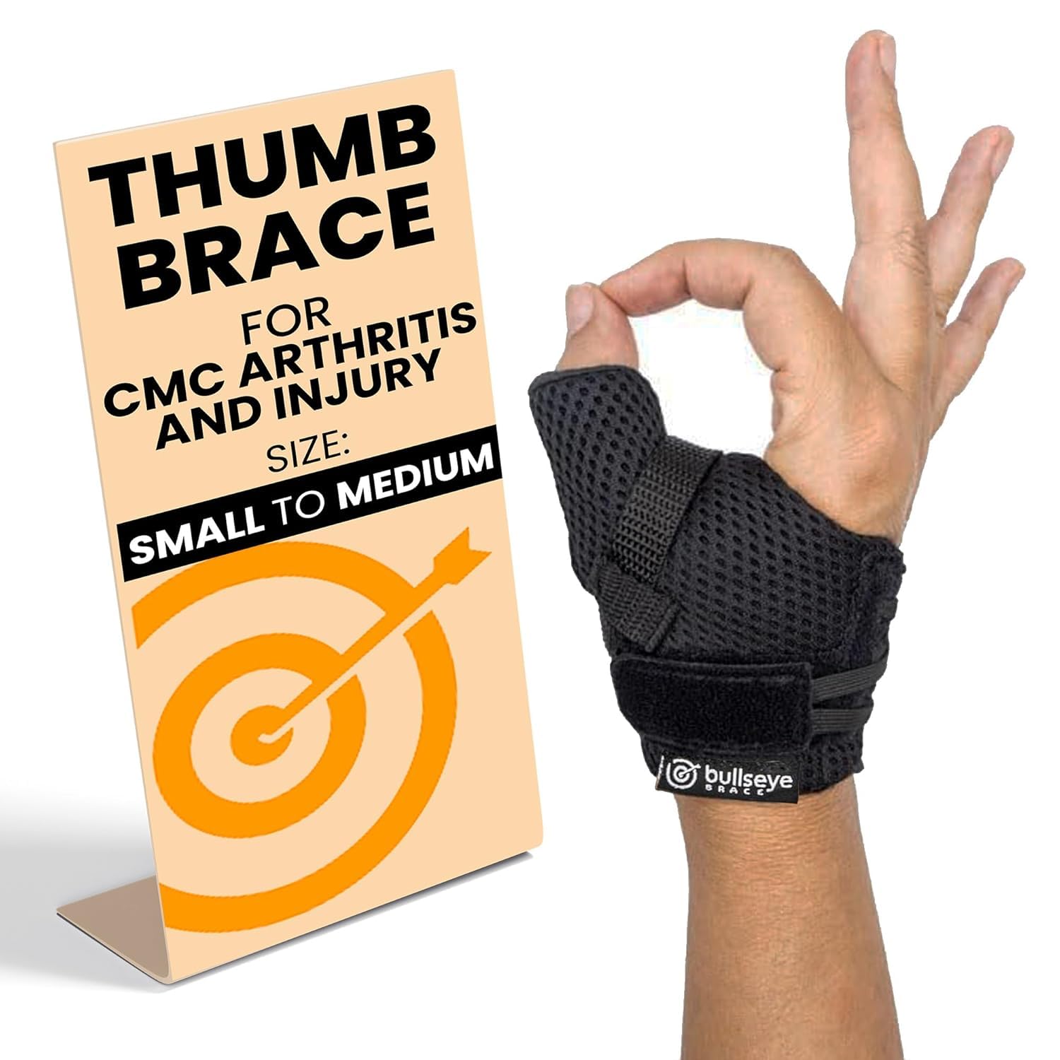 Bullseye Thumb Brace Stabilizes Thumb CMC Joint to Relieve Pain due to Arthritis and Injuries Adjustable Fit with