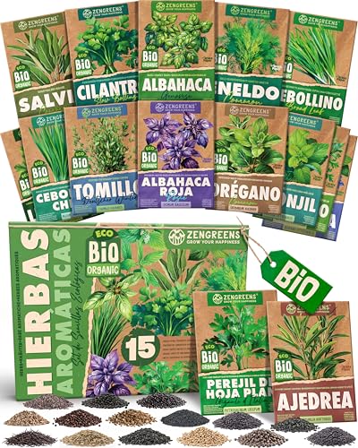 ZenGreens® - Set de semillas de hierbas bio - 15 variedades para cultivar fácilmente en el jardín, balcón o parterre elevado - Plantas aromáticas - Sementes verduras