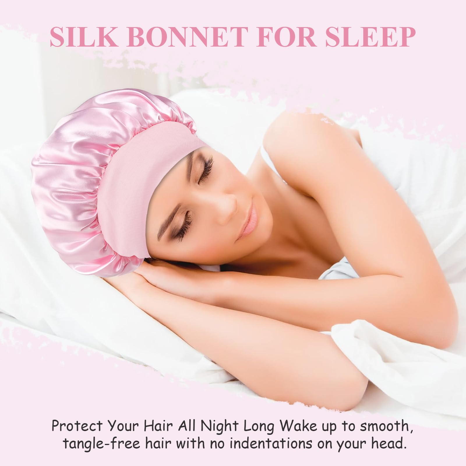 Gorro de Seda para Dormir con Banda Ancha Elástica, Gorro Saten para Dormir, protección para el Cabello,Adecuado para Mujeres, niñas, Negro + Rosa