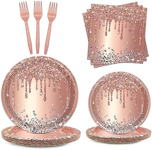 Rose Gold Party Plates and Napkins Set Pink Gold Party Decorations Supplies Pink Rose Gold Birthday Party Gold Plated Diamond Theme Party Tableware for Women Birthday Anniversary Party, 24 Guests