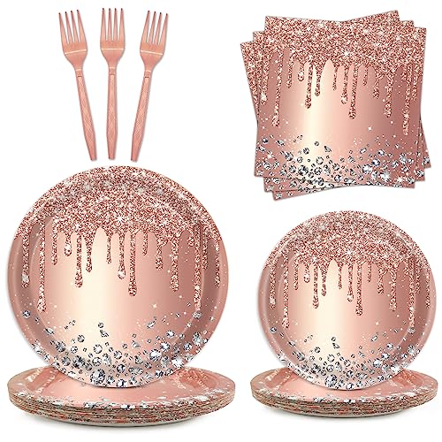 Rose Gold Party Plates And Napkins Set Pink Gold Party Decorations Supplies Pink Rose Gold Birthday Party Gold Plated Diamond Theme Party Tableware For Women Birthday Anniversary Party, 24 Guests #TOP3