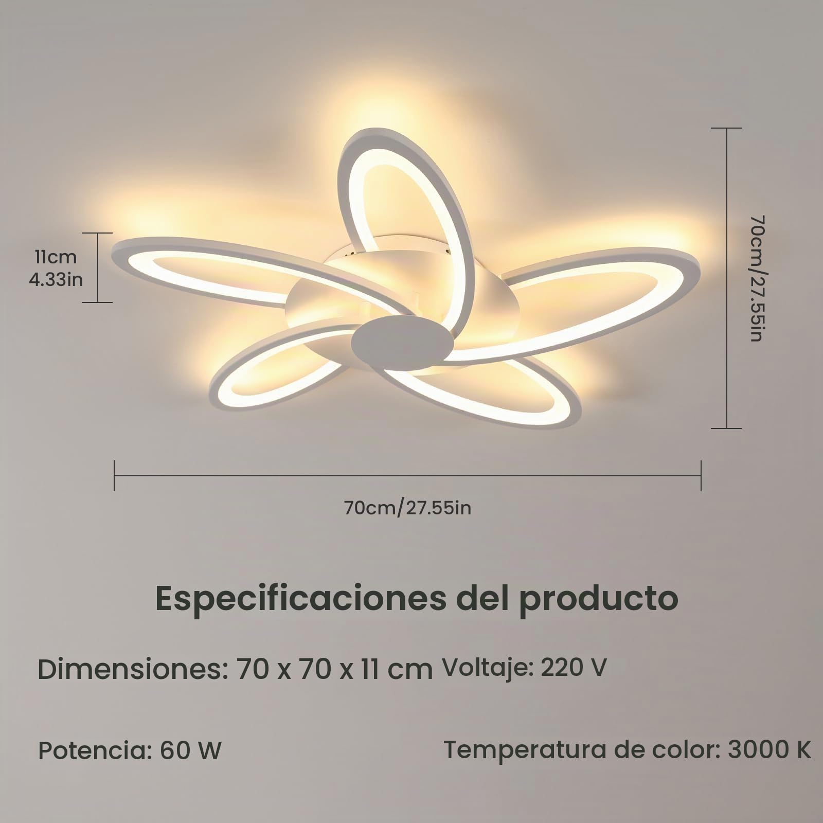 Plafon LED Techo 70CM, 60W Blanca Lámpara de Techo LED Moderna | en Forma de Flor, Luz Cálida 3000K Luz de Techo con 5 Luces para Dormitorio, Salón, Comedor, Oficina