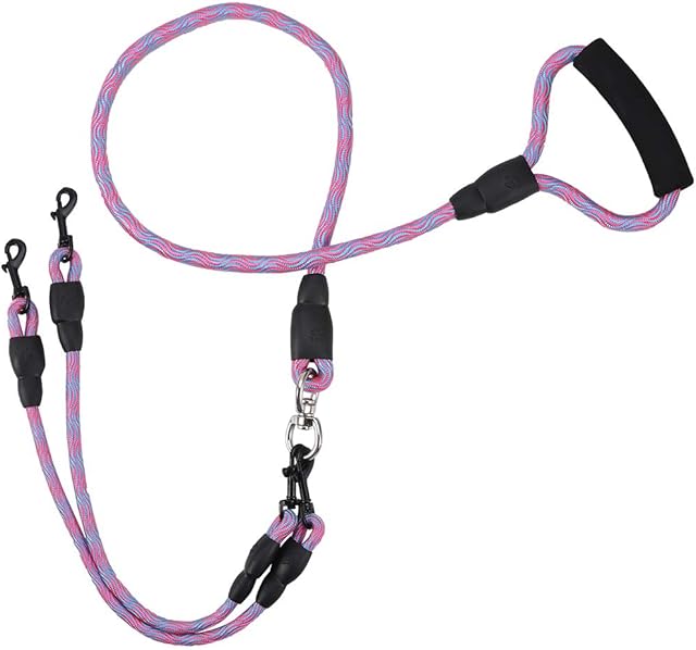 metagio 1 Pack Double Dog Leads, Nylon Dog Lead Splitter With Soft Handle, No Tangle Dual Leash for 2 Dogs Walking Training, Perfect for Dag Walking and Training Supplies(Pink)