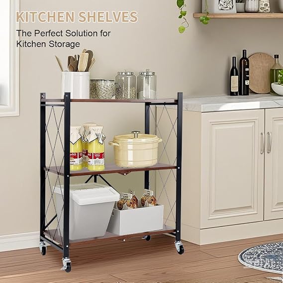 Hershii Folding Storage Shelves on Wheels 3-Tier Heavy Duty Shelving Unit