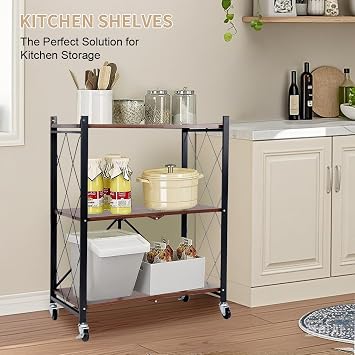 Hershii Folding Storage Shelves on Wheels 3-Tier Heavy Duty Shelving Unit