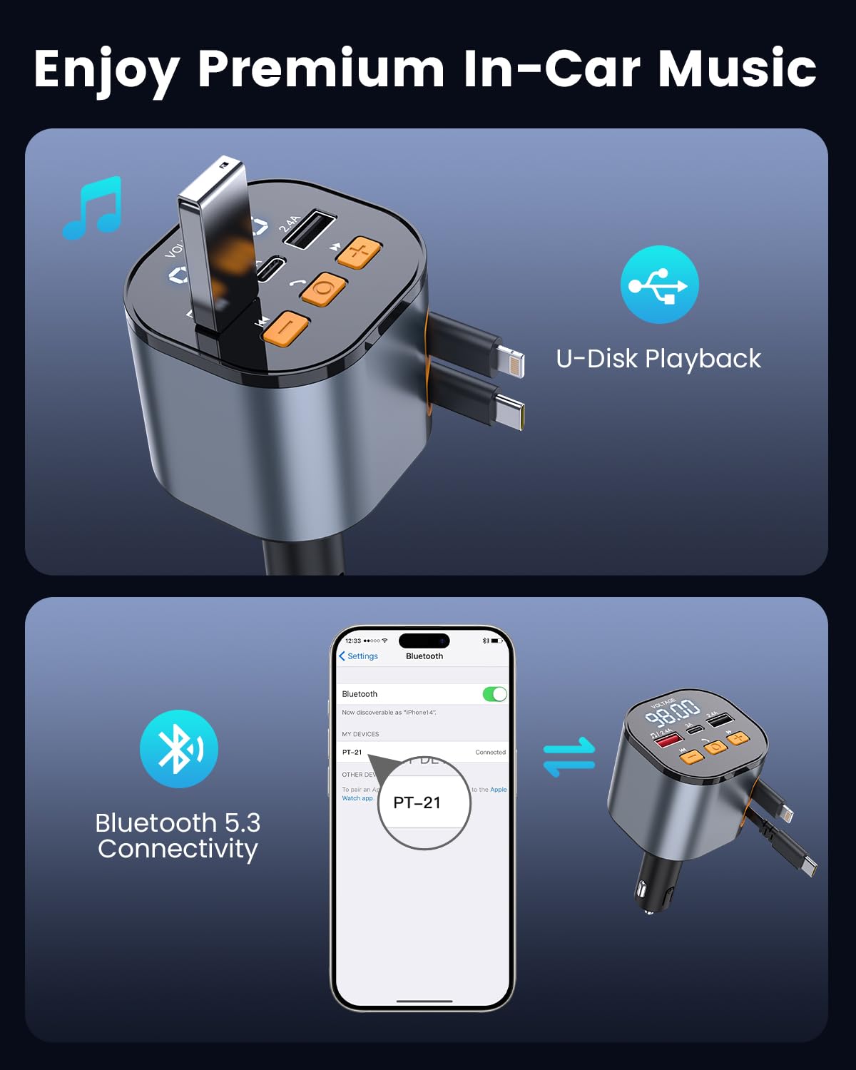 [Actualizado 2025] Cargador de coche retráctil PD de 81 W con Bluetooth 5.3, transmisor FM, llamadas manos libres, reproductor MP3, USB y visualización LED, adaptador Bluetooth USB-C para todos los