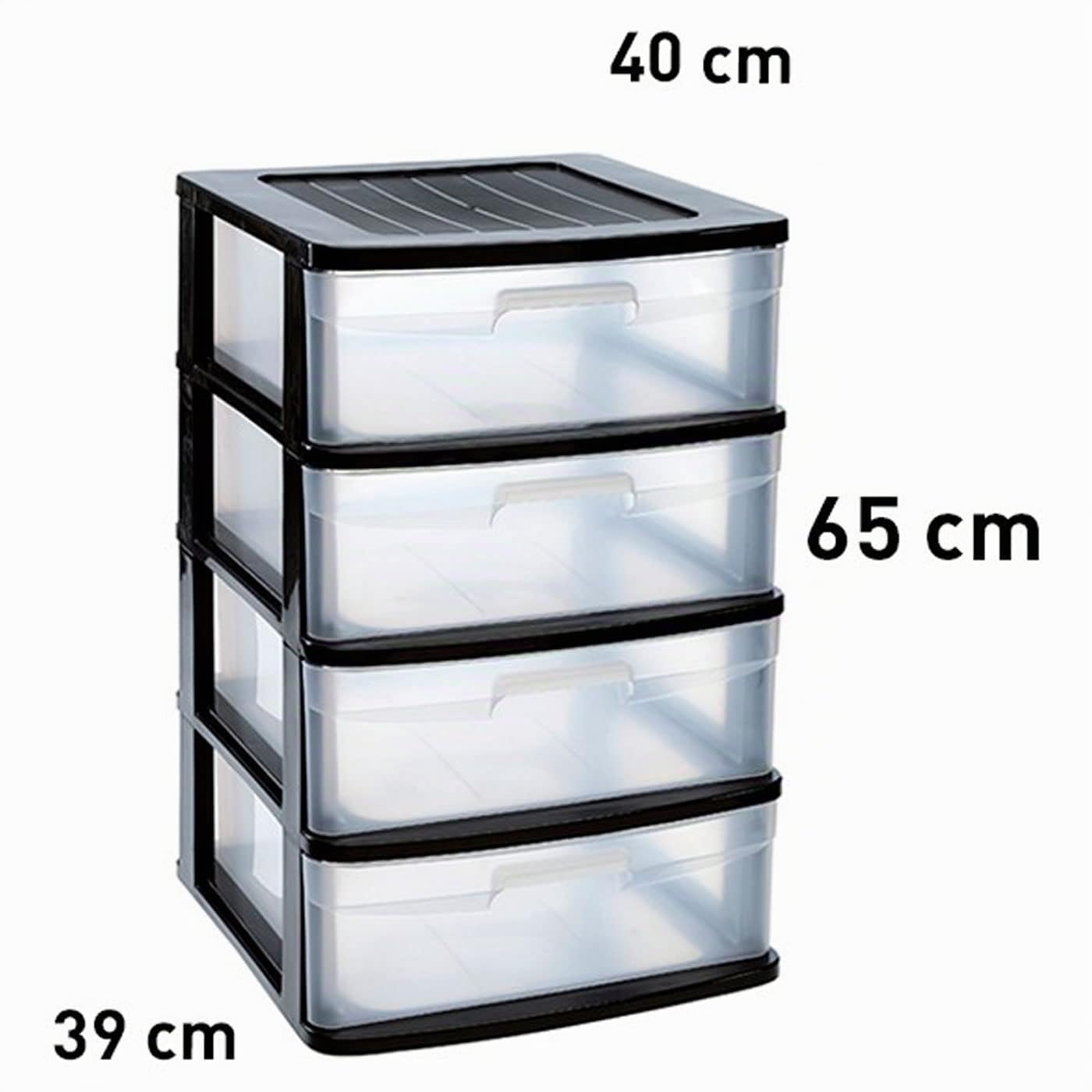 Acan Tradineur - Cajonera Sena 4 cajones sin ruedas, plástico resistente, torre de almanaje multiusos, hogar, negocios, 65 x 39 x 40 cm, negro