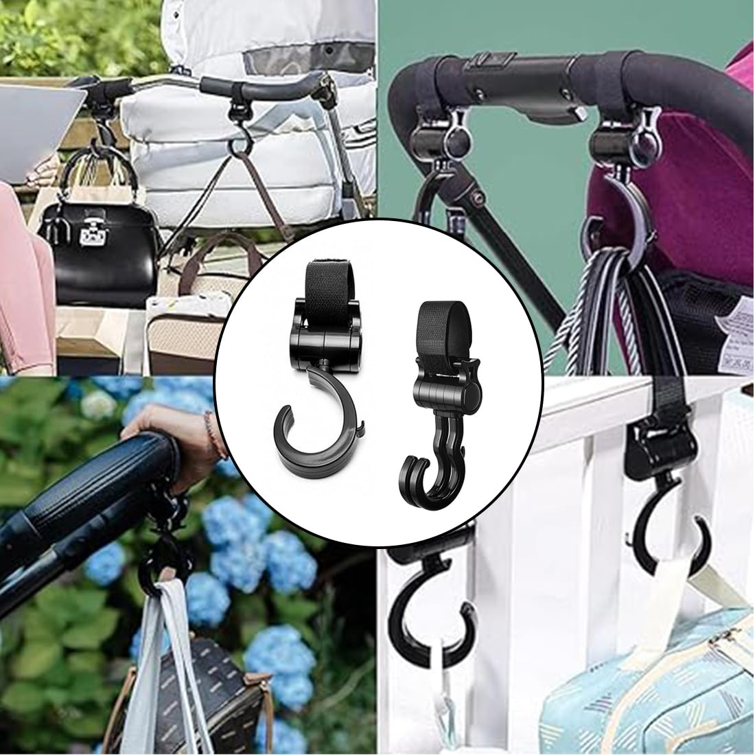 4 Pezzi Ganci Passeggino, Ganci Passeggino Universali Leggero Rotanti Appendi, Multiuso Gancio Clip Con Chiusura Regolabile, Ganci Appendere Per La Spesa Borse Pannolini Borsette (Nero)