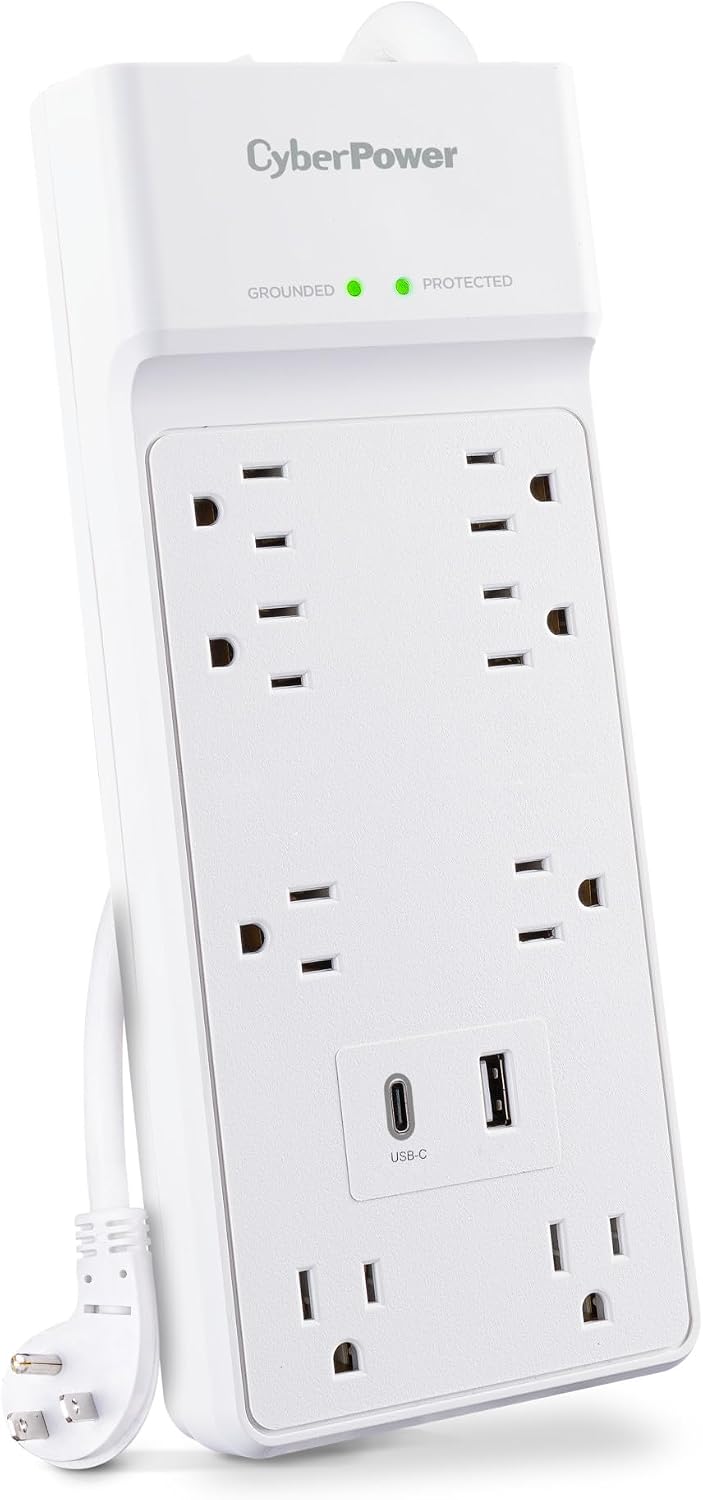 CyberPower CSP806UC18W Surge Protector, 2400J, 8 Outlets, 1 USB-A, 1 USB-C, 6 Foot Power Cord, White, ETL