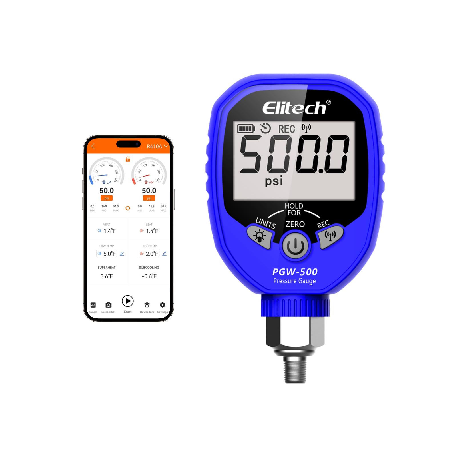 Elitech PGW-500 Wireless Digital Pressure Gauge with Temperature App Alerts for HVAC System IP65 Waterproof -14.5~500 PSI 1/8'' NPT