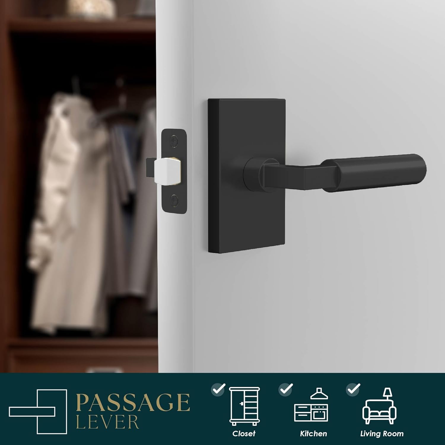 Mega Handles Camden Passage Door Handle - 1 Pack Reversible Black Door Handle, Heavy Duty No Lock Door Handles Interior for Closet & Hallway, Fits All Standard Door Sizes - Matte Black