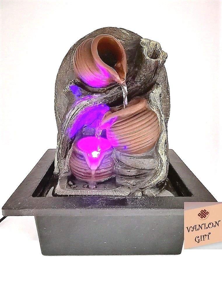 VANLON Water Fountain Tranquility Indoor Water Feature with 3 Water Cups, 7 Colors Automatic Changing LED Light, 8.2"x6.6"x9.8", 3 Pin UK Plug