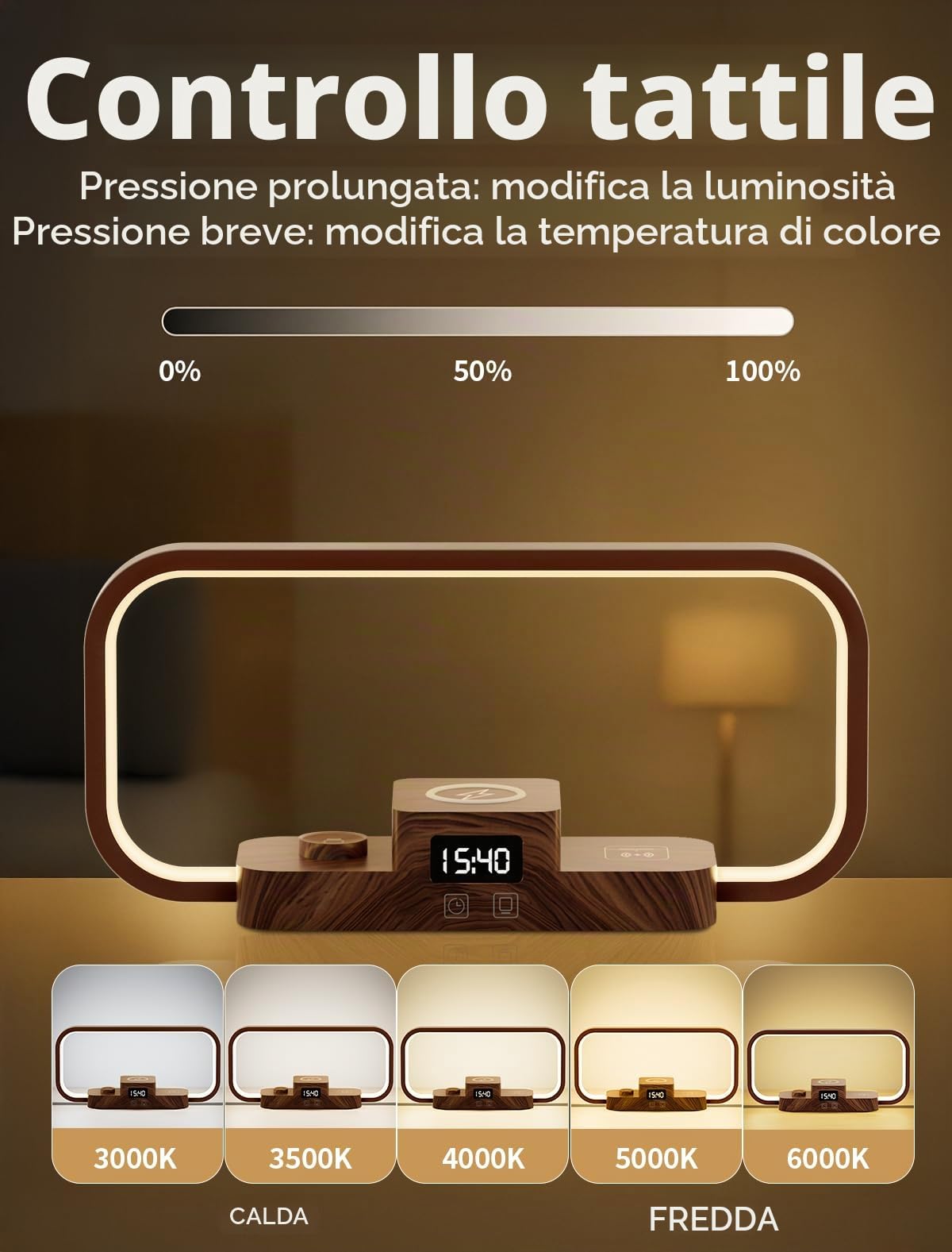 3 in 1 Lampada da Comodino con Caricatore Wireless & Porta USB, 5 Colori Lampada da Tavolo Dimmerabile Controllo Touch, Stazione di Ricarica per Pods, Smartphone per Camera (Marrone)