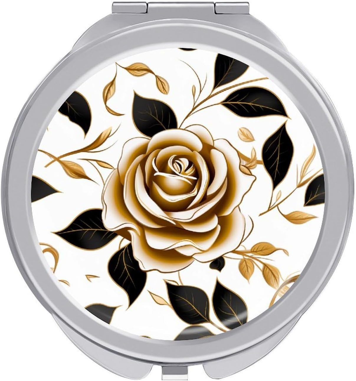 Gold Roses and Black Leaves Compact Foldable Handheld Makeup Mirror Portable Double Sided Magnifying Pocket Mirror