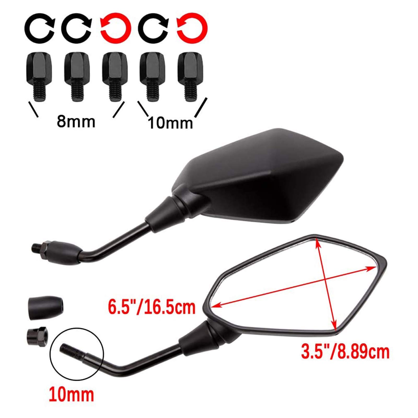 Specchietti laterali per moto, 2 specchietti retrovisori universali per moto, con punte per manubrio da 7/8", 5 bulloni filettati da 10 mm e 8 mm inclusi per moto e bicicletta