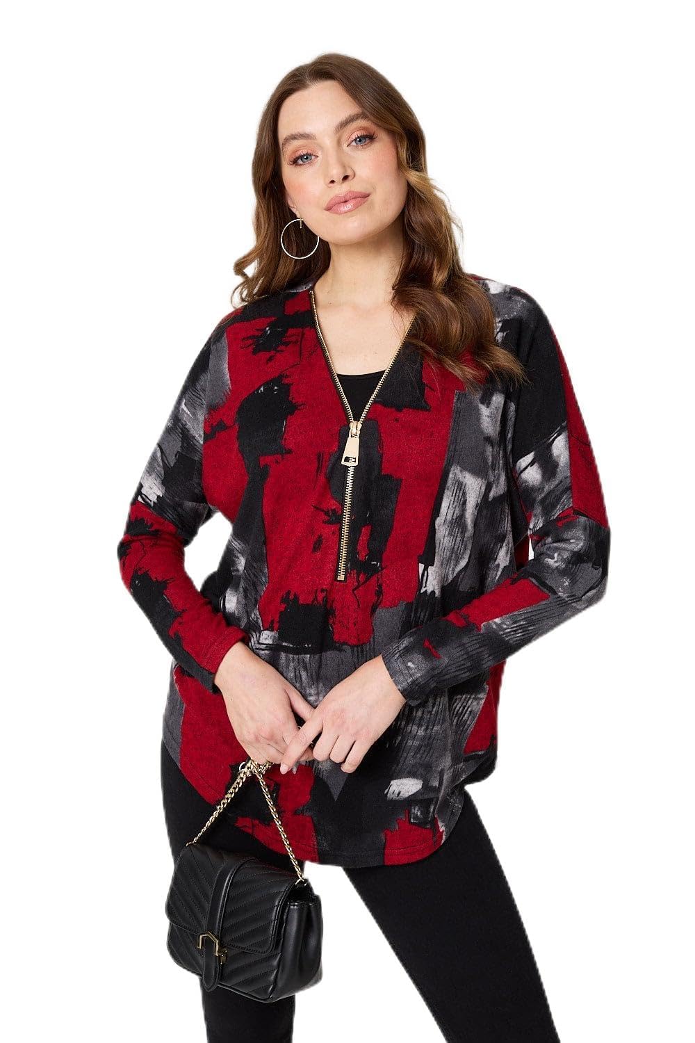 Izabel London Women's Abstract Zip Front Long Sleeve Top in Red | Size: 14