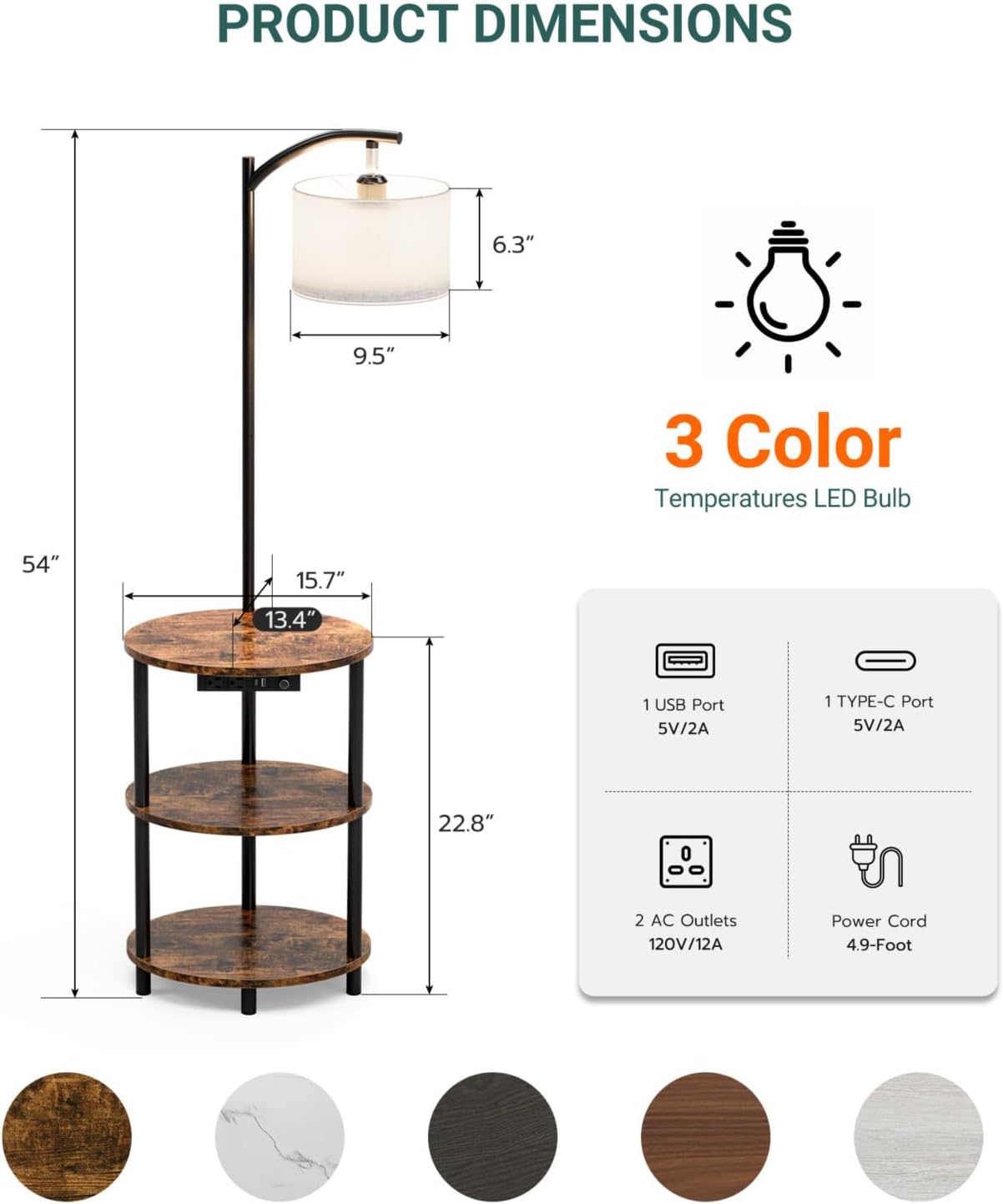 Round Side Table with Lamp and USB Ports, 3-Tier Small End Table for Living Room & Bedroom, Rustic Wood Metal Nightstand for Small Spaces, Easy to Assemble, Rustic Brown