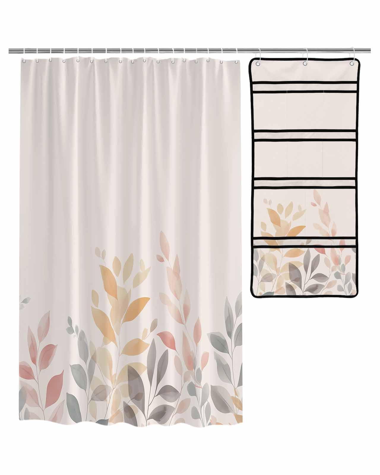 ZFUNCING Shower Curtain Mesh Shower Organizer Set Simple Modern Plant Leaf on Beige Waterproof Bath Curtains Hanging Shower
