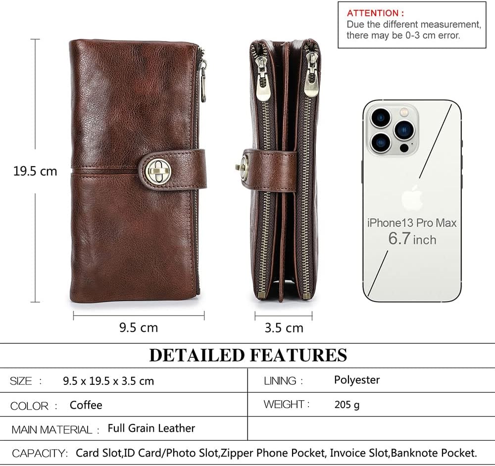 CONTACTS Full Grain Leather Turnlock Wallet for Women Double Zipper Clutch Purse Compatible with AirTag Phone Organizer Rfid Wallet with 18 Card Slots (Brown)