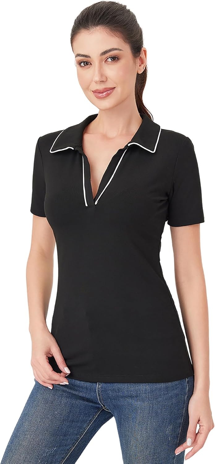 AmélieBoutik Women Collared V Neck Short Sleeve Polo Shirt Knit Slim Fitted Casual Tops