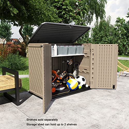 Image of KINYING Outdoor Storage Shed - Horizontal Storage Box Waterproof for Garden, Patios, Backyards, Multi-Opening Door for Easy Storage of Garbage Cans, Tools, Lawn Mower, 26 Cubic Feet,Brown