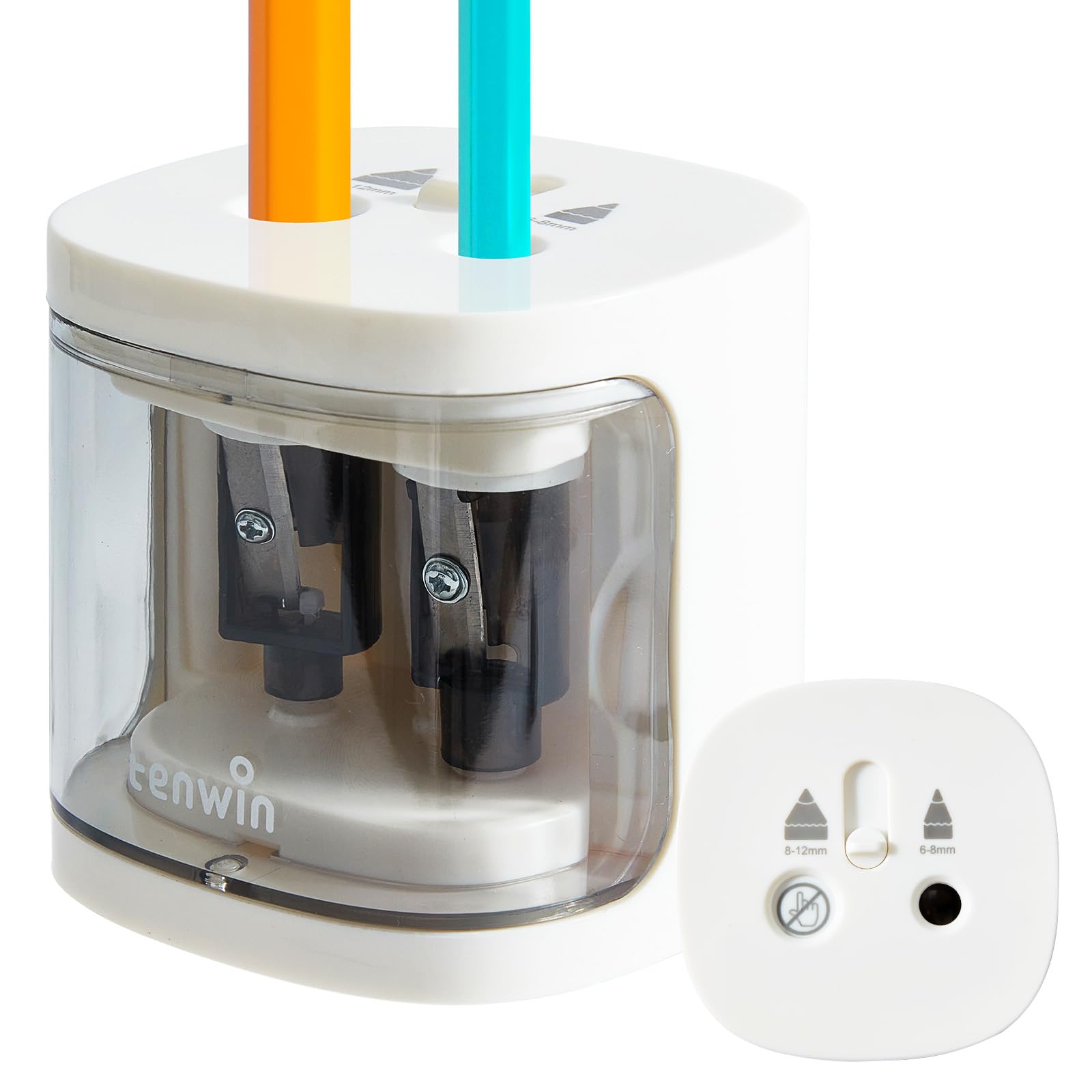 tenwin Electric Pencil Sharpener, Double Hole Battery Operated Sharpener for 6-12mm No.2/Colored Pencils, Durable Blade to Fast Sharpen, Suitable for School/Classroom/Office/Home (White)