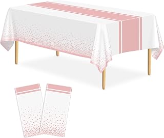 2 Pack White and Rose Gold Tablecloth Party Decorations Plastic White Tablecloth Printed Rose Gold Table Runner 54 x108 Inch Disposable Rectangle Table Cover for Birthday Wedding Graduation