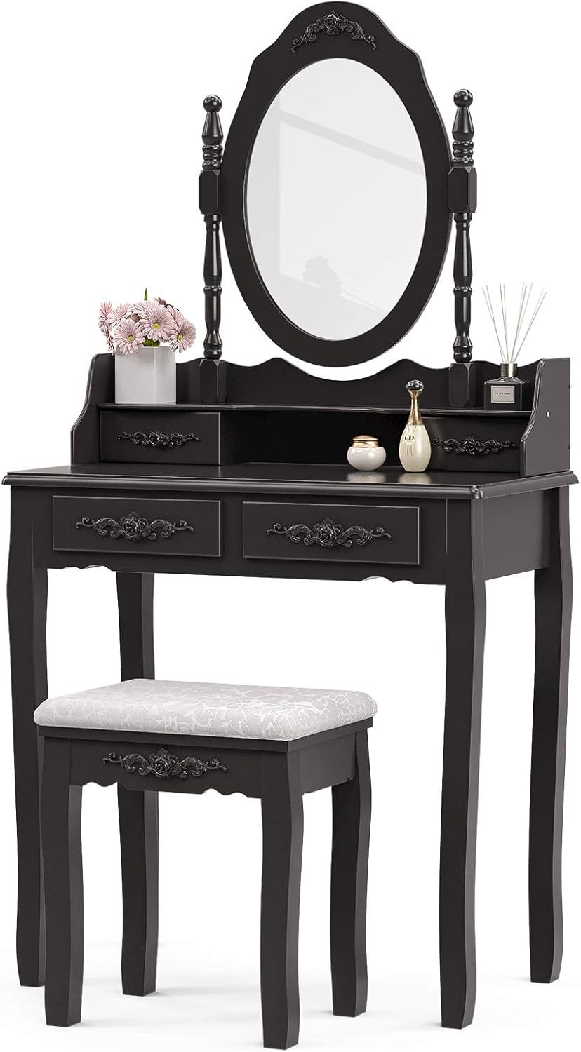 Alohappy Girls Vanity Desk, Makeup Vanity Set with Mirror & Stool, Makeup Table Black Vanity Desk with 4 Drawers Vintage Rose Carving Dressing Desk for Bedroom, Studio (Black)