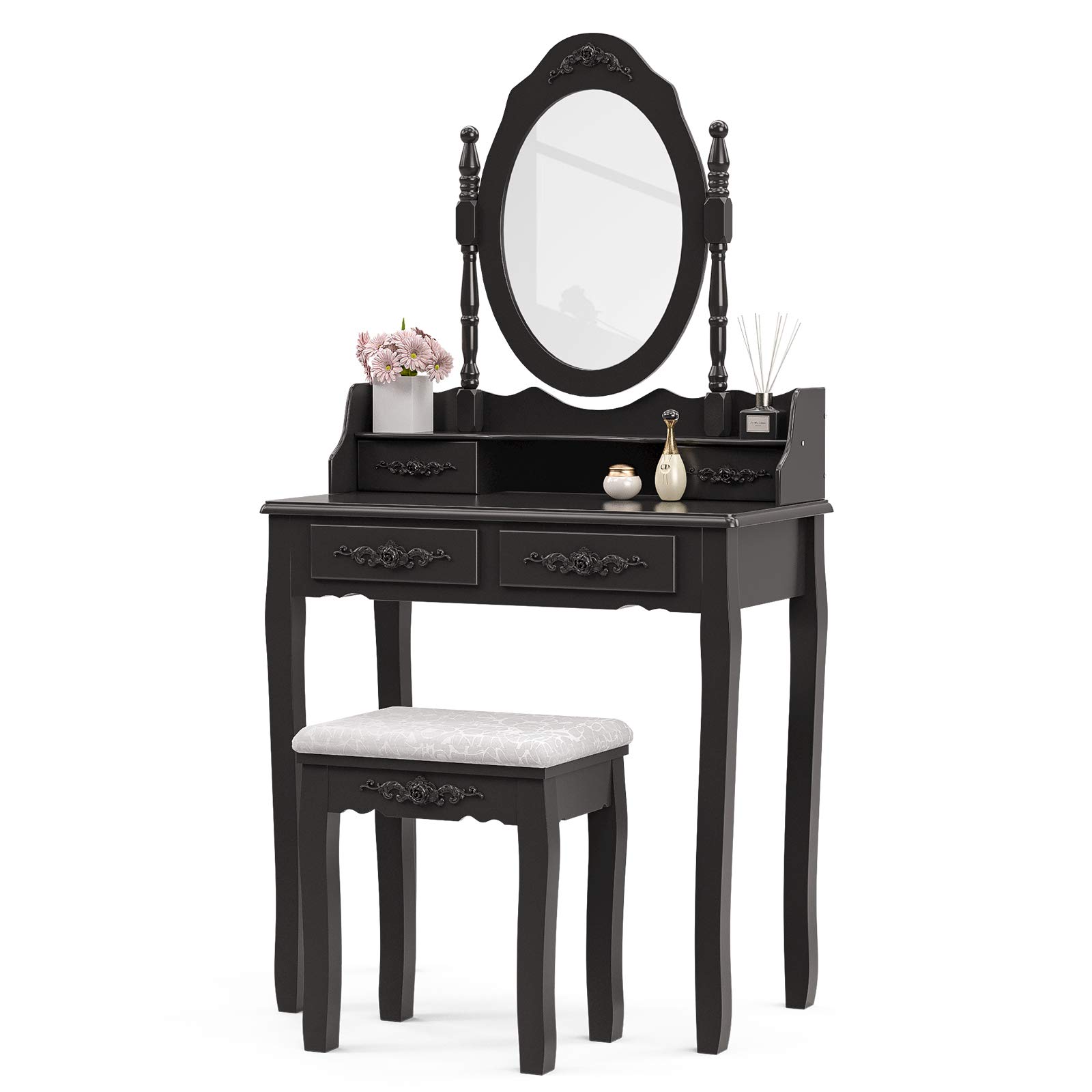 Buy Mecor Vanity Table Set,Makeup Table with Oval Mirror & Stool, Wood Dressing Table with 4