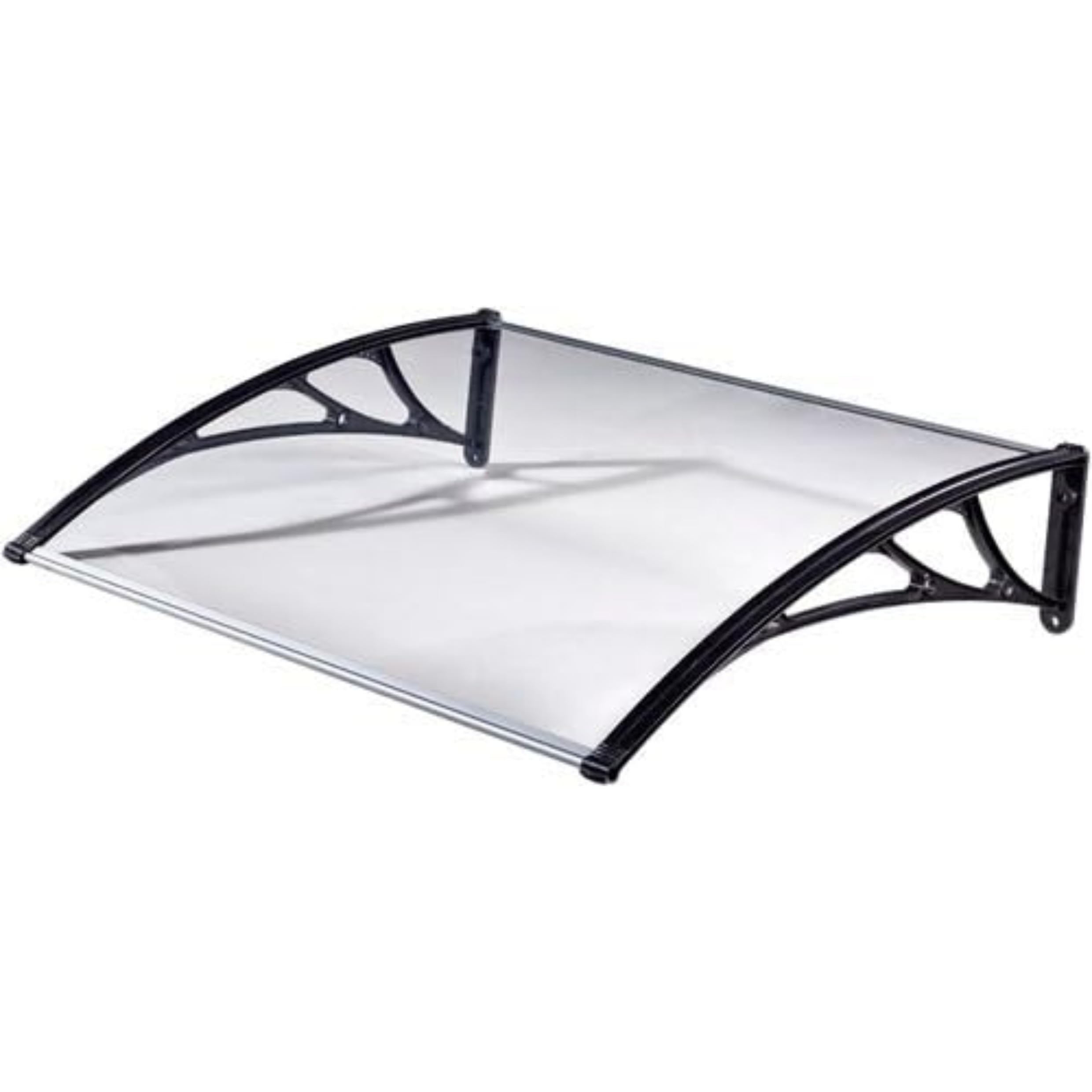 Pensilina Tettoia in Vetro Policarbonato Trasparente Fornita con Kit Completo Mensole Sostegno in ABS e Profili Longitudinali Color Alluminio Multiuso Ideale per Porte Finestre (100x80 cm)
