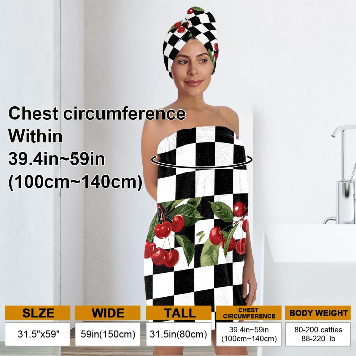 Women's Strapless Bath Wrap Set with Hair Turban, Black and White Checkered Pattern with Cherry Design, Soft Microfiber Towel Wrap, 31.5x59 Inches - Image 3