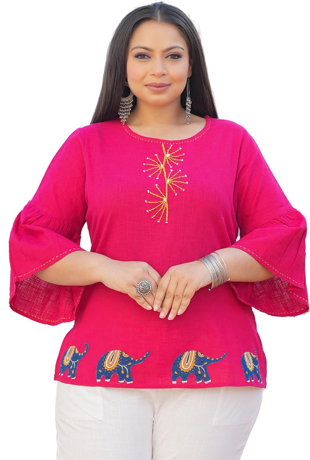 akiko Women’s Pure Cotton Ethnic Top with Embroidered Yoke, Elephant Print Hem & 3/4th Sleeves Casual for Office, Festive & Daily Use-picture-40