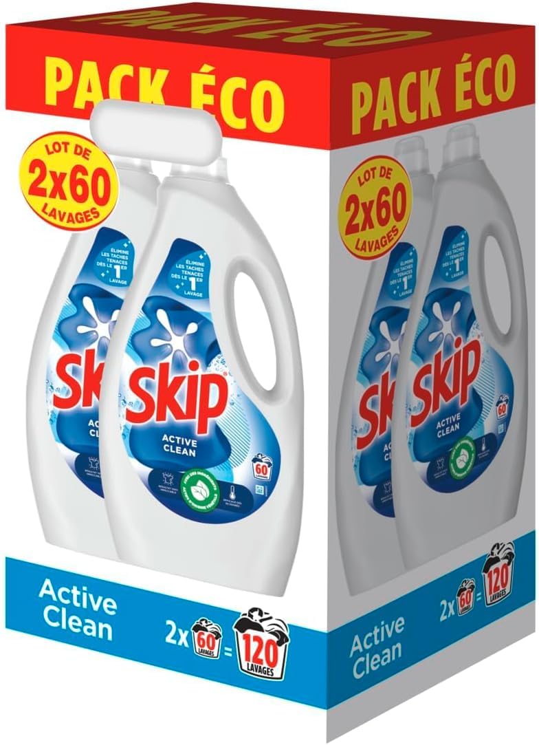 Skip - Lessive Liquide Active Clean - Propreté Impeccable - Fraîcheur Longue Durée - Détache les vêtements tout en respectant fibres et couleurs - 2x60 Lavages
