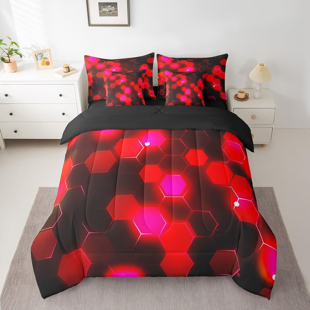 7 Pieces Purple Abstract Comforter Set Queen Size, Geometric Square Grid Bedding Set for Kids Boys Girls Room Decor, Purple and Black Lattice 7pcs Bed in a Bag with Comforter, Sheets and Pillow Cases