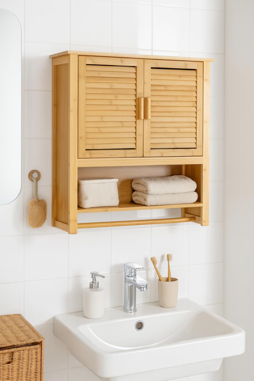 Armadietto sospeso in bambù per bagno, con 2 ante, porta asciugamani e ripiani, salvaspazio, 66 x 62 x 20 cm, colore naturale