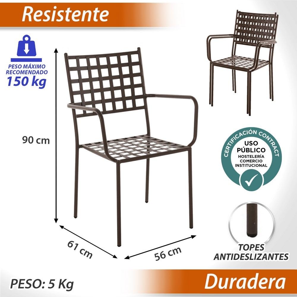 LOLAhome Mesa mármol y 2 sillas de jardín Cartago Marrón Oxido | Estilo Hierro Forjado | Mesa Ø60x72 cm | Sillas 56x61x90 cm Contract, Resistentes, Apilable y con Brazos | para Exterior | Cartago
