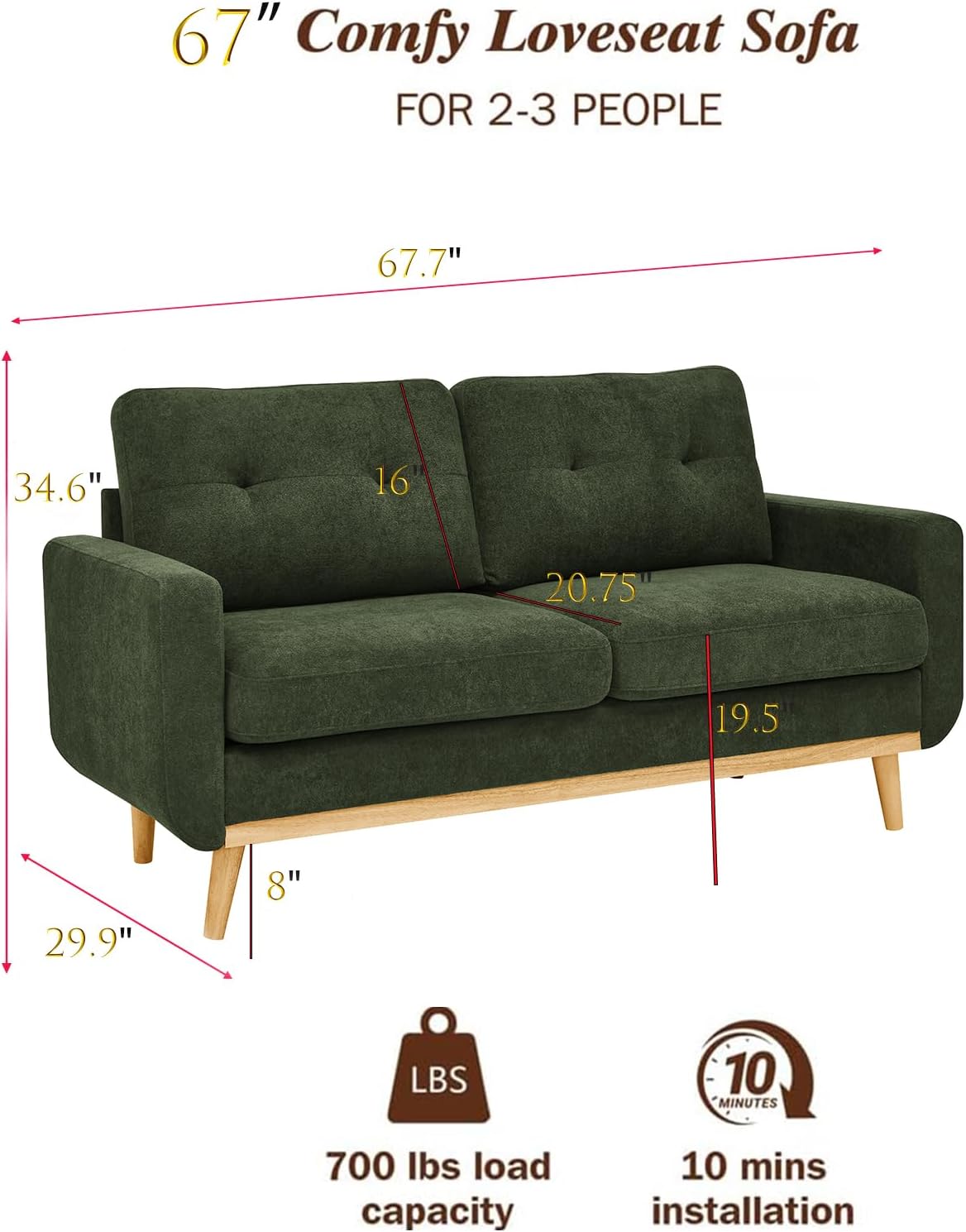 67" Green Loveseat Sofa, Mid Century Modern Love Seat Sofas and Comfy Couches for Living Room, Button Tufted Small Cloud Couch for Bedroom Office Apartment Small Space, Easy Assembly (Dark Green)