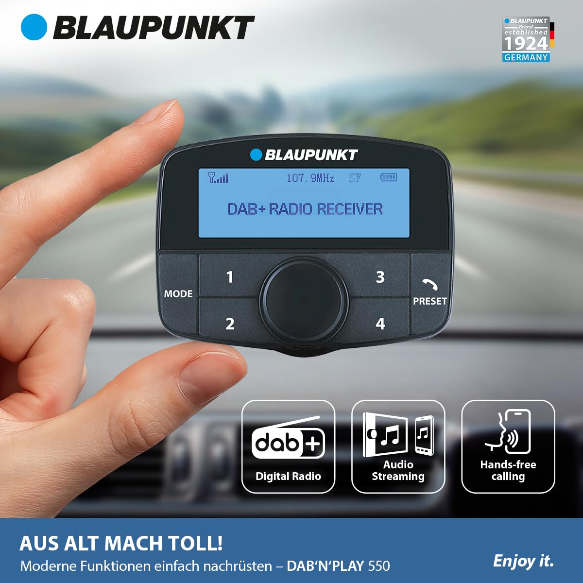 Blaupunkt DAB'N'Play 550, adattatore DAB/DAB+ con pannello di comando e scatola nera separata, streaming audio, funzione telefono