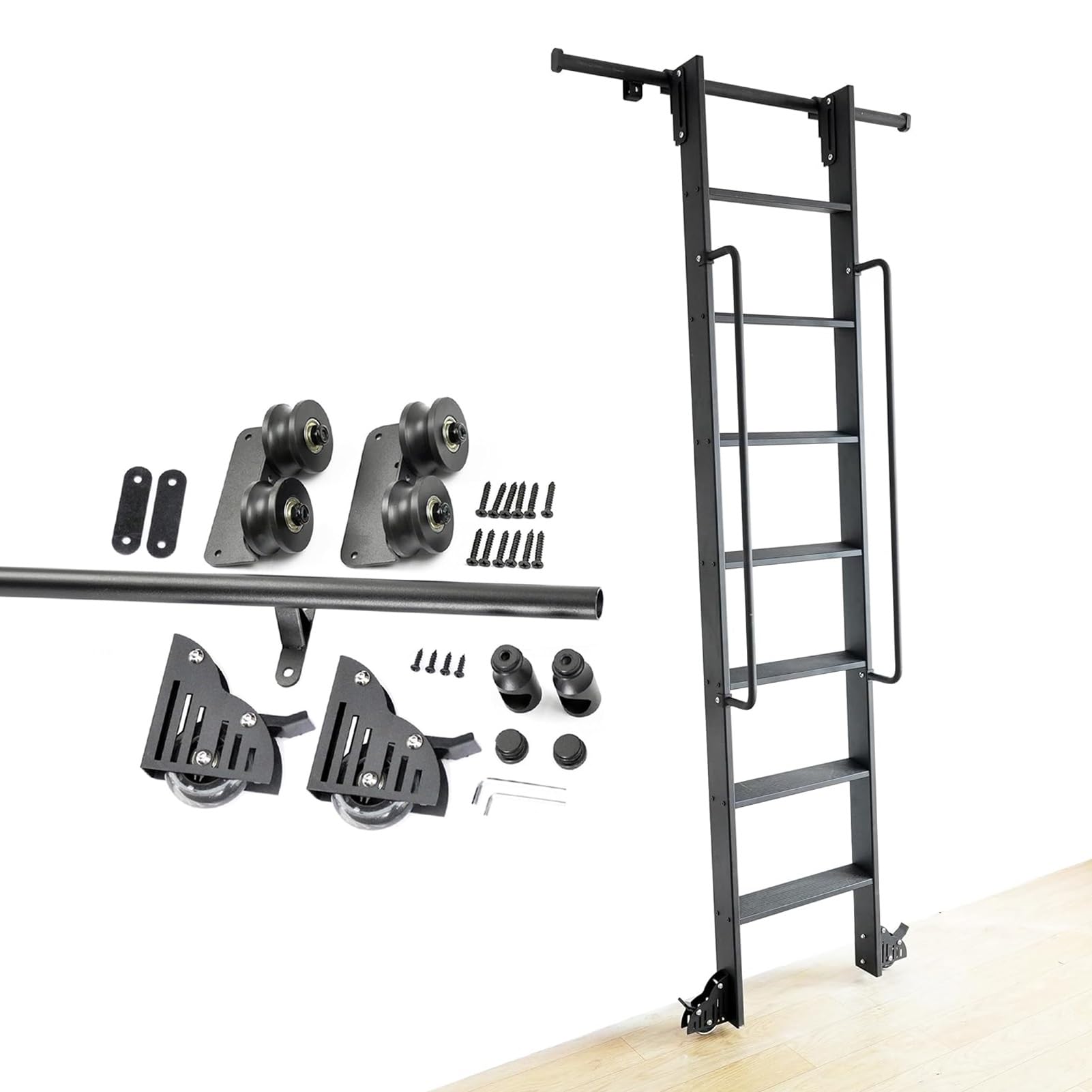 LWJSOCP Rolling Library Ladder Hardware Kit – Black Sliding Ladder Hardware Kit - Metal Ladder Kit Track Rail, Mobile Ladder Track/rail Kit for Loft 3.3-24ft (no Ladder)(24ft/732cm Track kit)