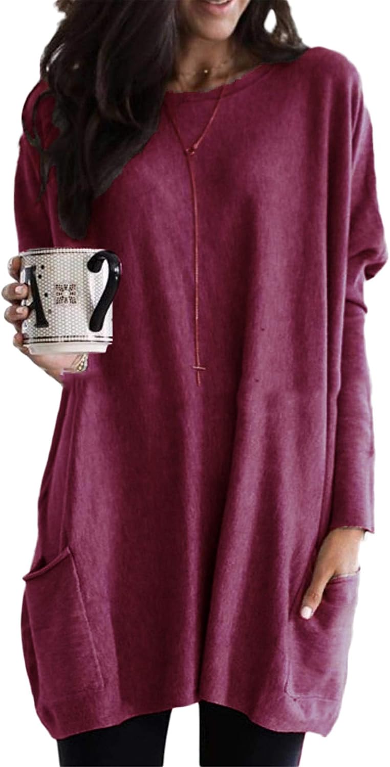 Andongnywell Women's Casual Long Sleeve Round Neck Pocket T Shirts Blouses Sweatshirts Tops Blouses Tunics