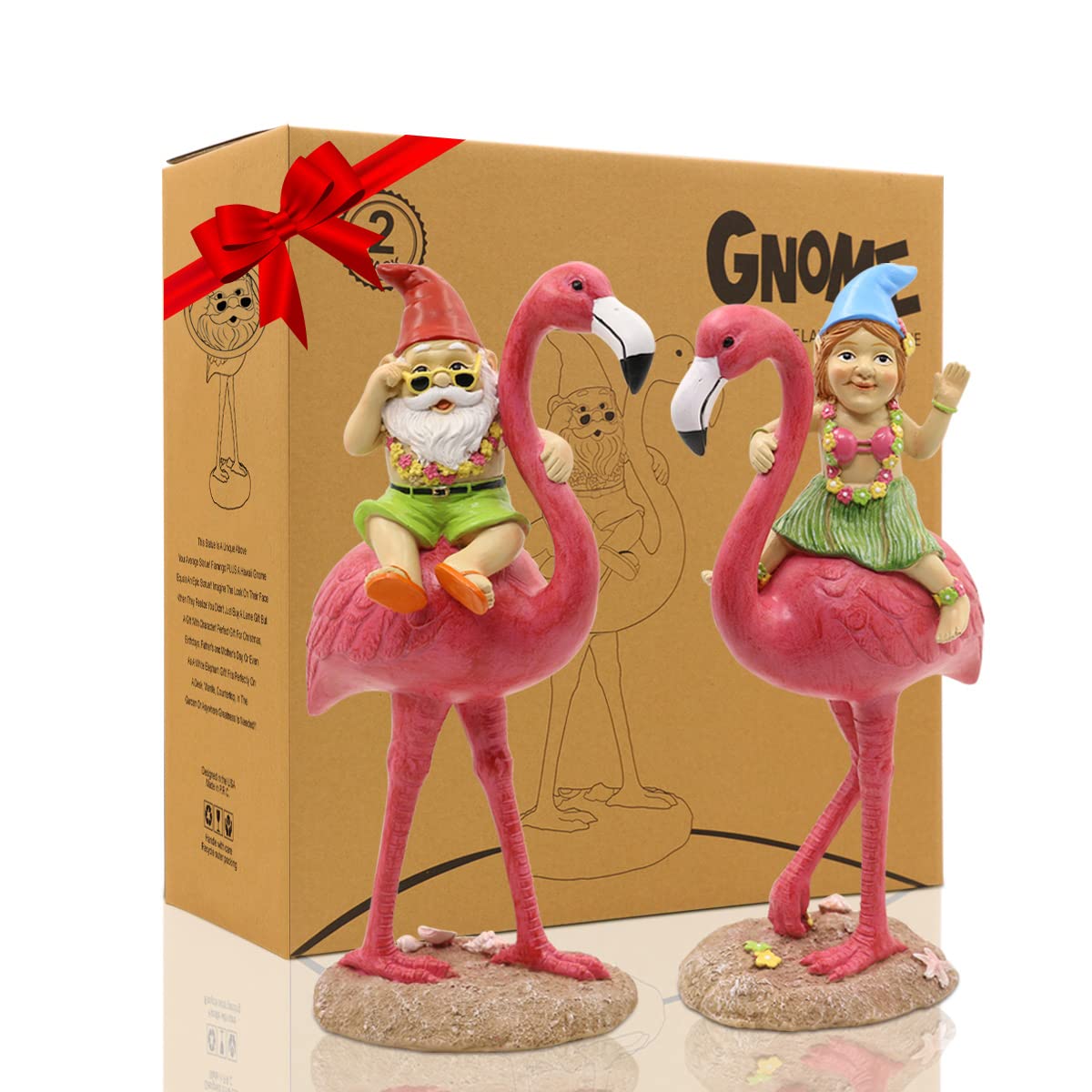 LIMEIDE Garden Statue Gnome with Flamingo (2 Pack)