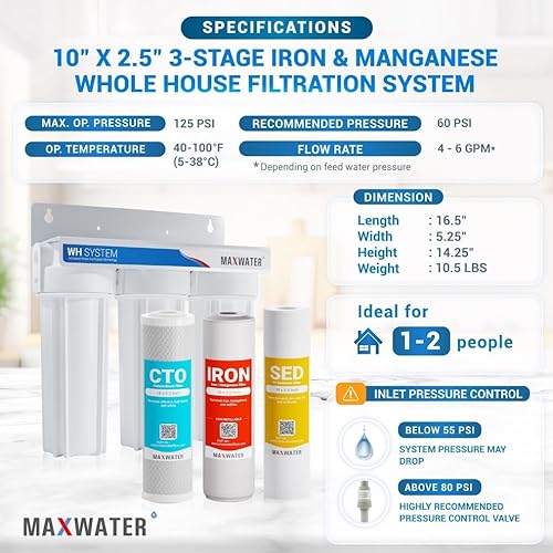 Miniatura 2 de Max Water Sistema de filtro de agua de manganeso de hierro estándar de 3 etapas de 10 pulgadas para toda la casa  Sedimento + Manganeso de hierro +