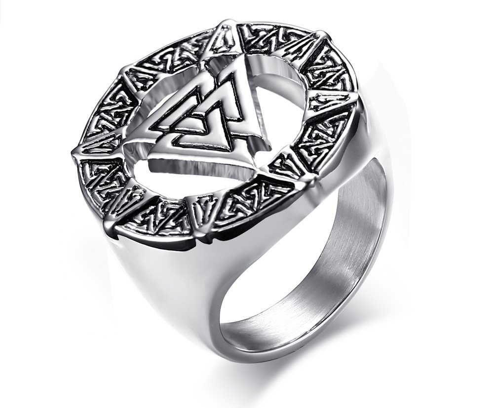 Stainless Steel Valknot Nordic Rune Hrungnir Knot Viking Signet Wedding Band Ring Pewter,Size 8