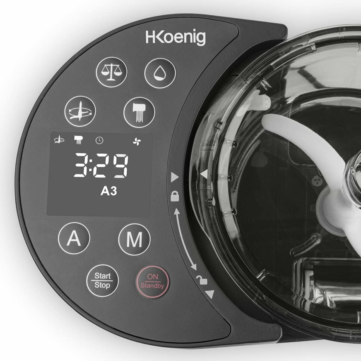 Close-up of H.Koenig HOMY90 control panel with LCD screen and buttons