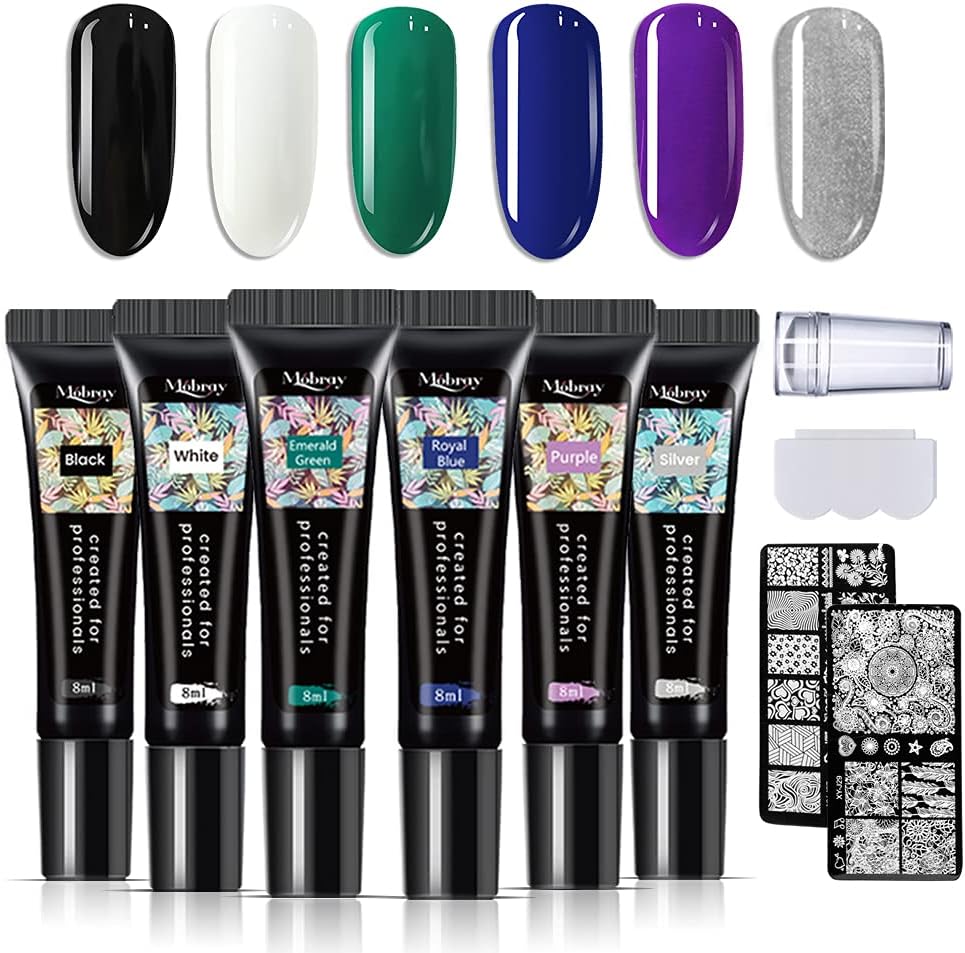 Mobray 6 Colors Nail Art Stamping Gel Polish Kit 8ml with Nail Stamp Plate Nail Art UV Gel Polish for Design Scraper Nail Plate Print Manicure Tool (Kit 3)