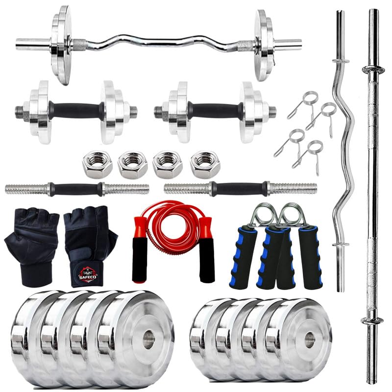 50kg steel home gym combo with weight plates, 5ft straight bar, 3ft ez curl rod, dumbbell rods, gripper, skipping rope & gloves for full body workout